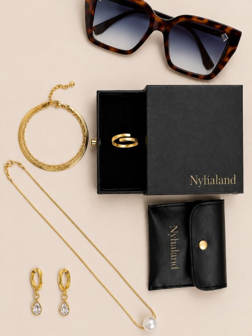 Nylialand Gold Jewelry Set & Tortoiseshell Sunglasses Bundle